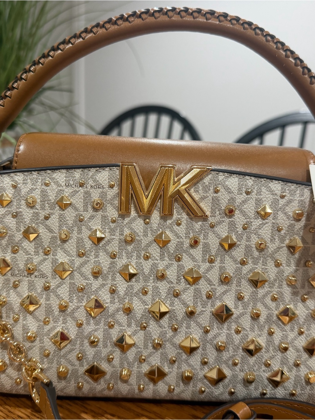 Michael Kors Beige Canvas And Gold Studded Satchel